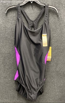 Speedo Women's Black Purple Racerback One Piece Swimsuit NWT Sz 16