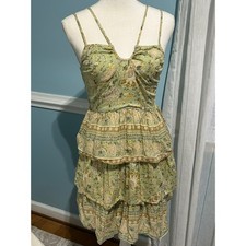 American Eagle Green Floral Paisley Tiered Mini Dress Smocked Back Cottagecore M