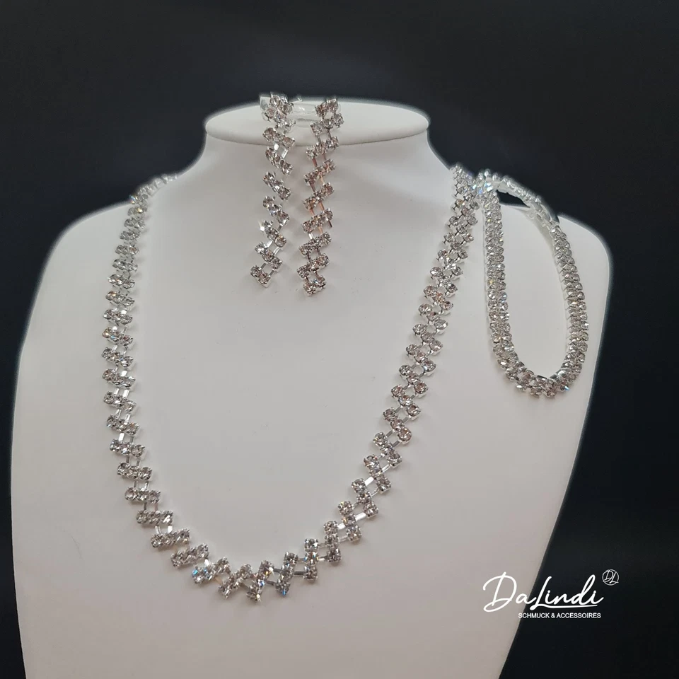 Glitzernde Strass Mode - Halskette Ohrringe Armband - Hochzeit Schmuck Set Braut - Bild 2 von 4