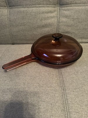 Pyrex Corning Vision Ware Amber 10  Glass Skillet With Lid Fry Pan Non Stick