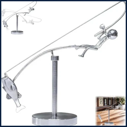 Handmade Kinetic Fishing Sculpture Desk Ornament Metal The