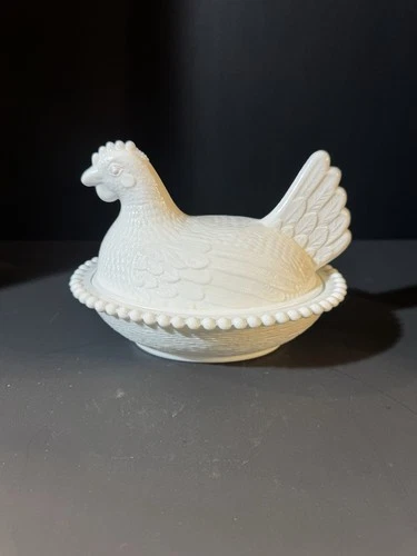 Vintage Indiana Glass Hen on Nest White Milk Covered Chicken Candy Dish 7 Inch