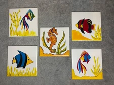 Vintage Hand-Painted Ceramic Tile Set – Tropical Fish & Seahorse - Set Of 5
