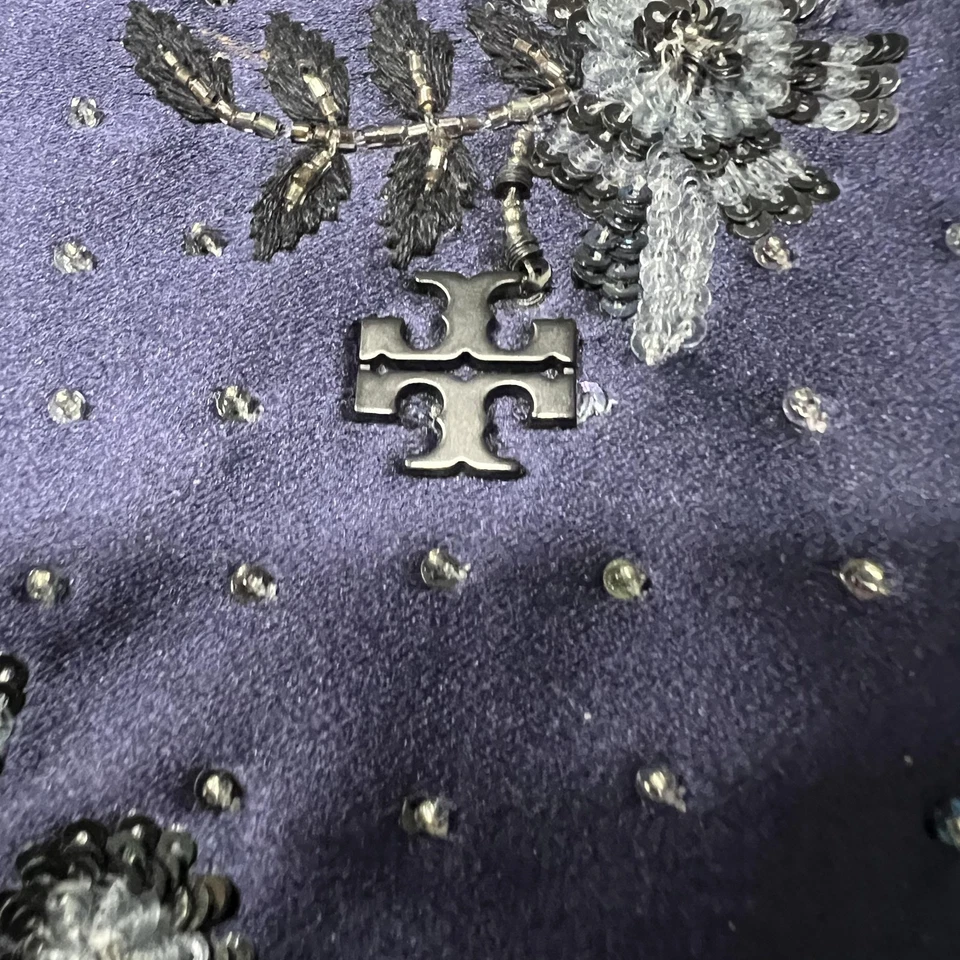 Bolsa Tory Burch feminina azul marinho cetim com miçangas tiracolo mini bolsa de ombro - Imagem 3 de 4