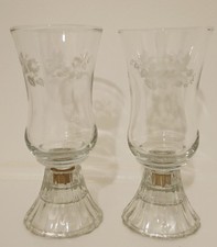PAIR OF ETCHED GLASS BIRD MOTIF CANDLE HOLDERS WITH HURRICANE SHADES/MADE IN USA