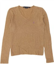 RALPH LAUREN Womens Crop V-Neck Jumper Sweater UK 12 Medium Brown Wool AQ07