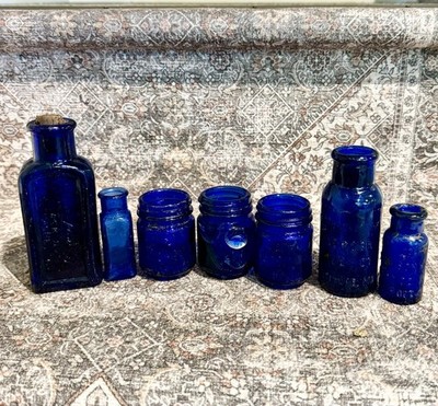 7 Antique 1920s Era Cobalt Blue Bottles Bromo Seltzer Vick s Everlasting Blk Dye