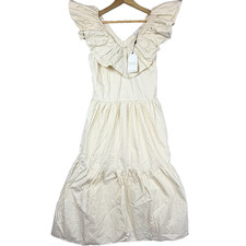 English Factory Midi Dress Women M Beige Ruffled Neck Sleeveless Peasant Cottage
