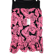 Rare VTG Y2K Black Sheer Ruched Pink Rose Print Whimsigoth Dark Fairy Mesh Skirt