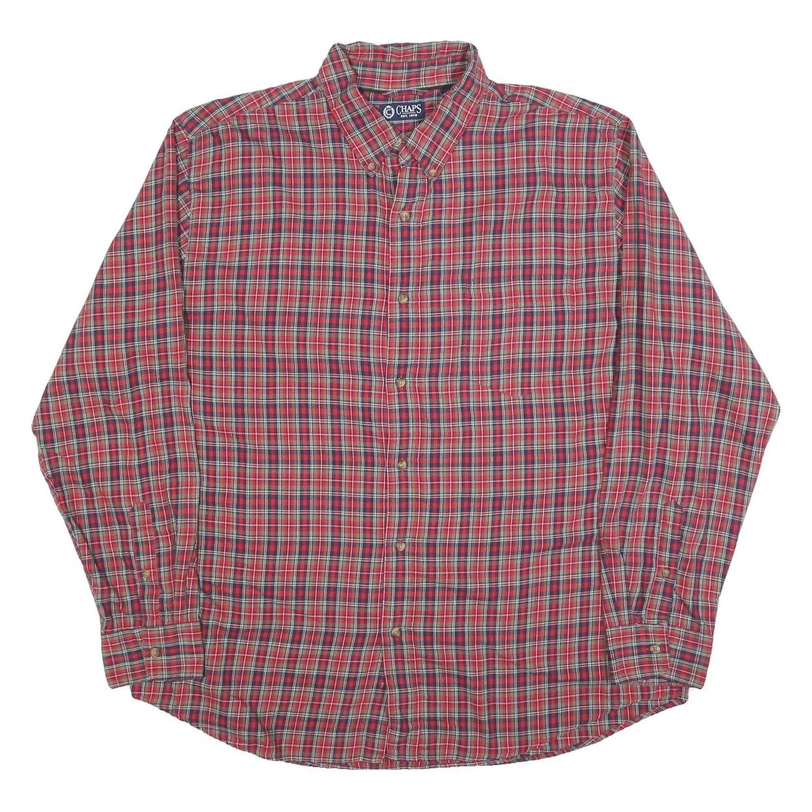 CHAPS Mens Red Plaid Shirt XL Button Down Cotton Blend Classic Fit Casual