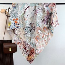 Double Face Mulberry Silk Scarf in Pink Orchid Forest Print 110/43?L.Hand-Rolled