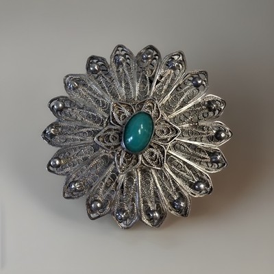 VTG  Silver Tone Filigree Brooch/Pin Made in EGYPT Green/Turquoise Fashion Rare