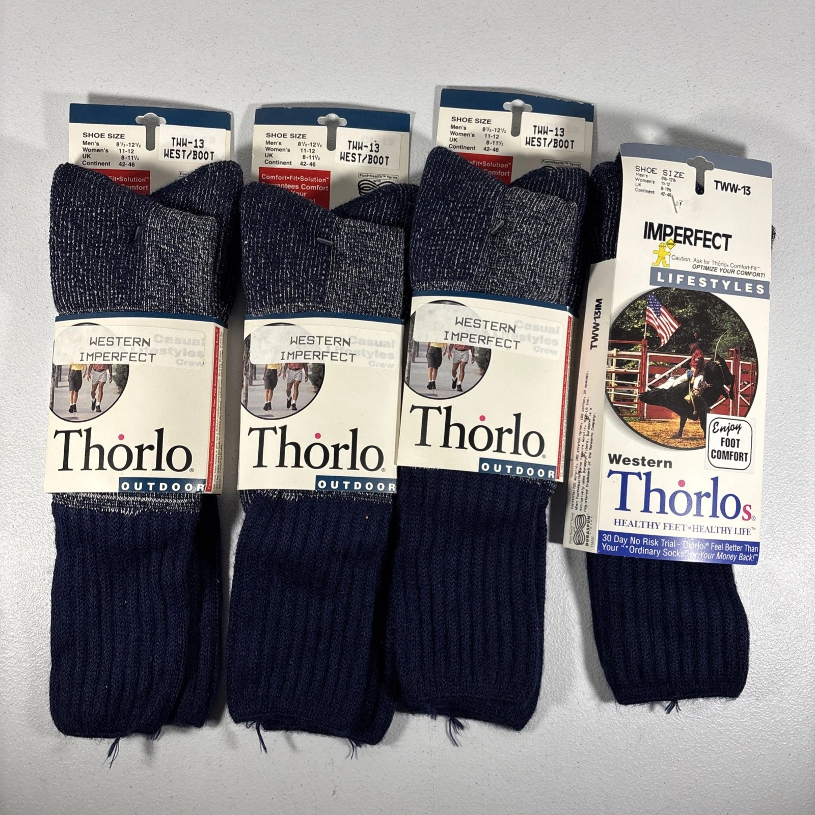 NEW NOS Vtg 4ct Men’s 8.5-12.5 Thorlos Socks Western Imperfect Calf Navy TWW-13
