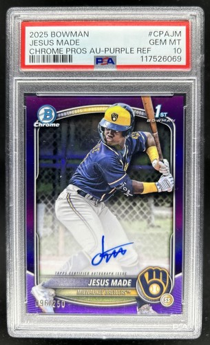 2025 Bowman Jesus Made Chrome Auto Purple Refractor 1st #/250 Brewers PSA 10