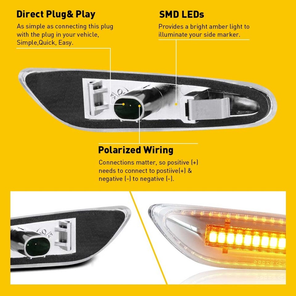 OXILAM Sequential LED Side Marker Blinker For BMW E90/E60/E82/E87/E88 – Amber, Chrome Housing, Clear Lens