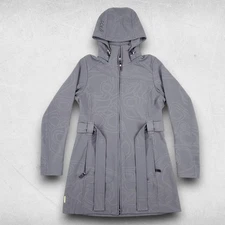 Lolë Softshell Parka Women M Gray Topo Print Hooded Fleece Lined Outdoor Casual