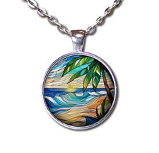 FAUX Stained Glass Design Ocean Waves - Handmade ROUND Glass Pendant Necklace