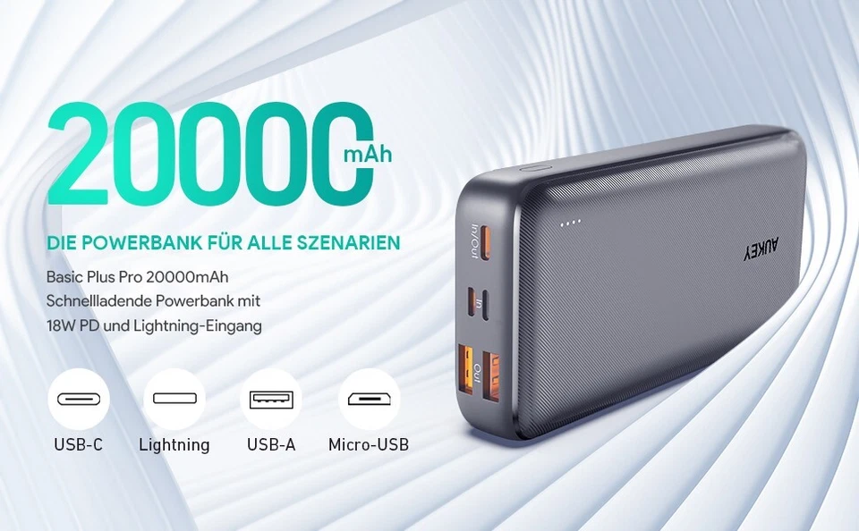 AUKEY PB-N74S Basix Plus 22,5W PD QC 3.0 20000mAh Powerbank - Bild 2 von 4