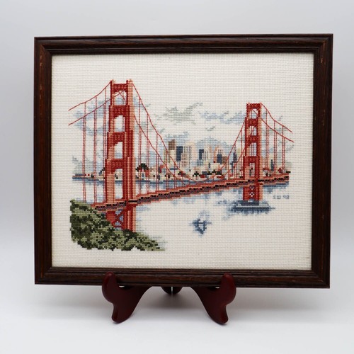 Vtg San Francisco Golden Gate Bridge Cross Stitch Completed Framed 13"x11" Art