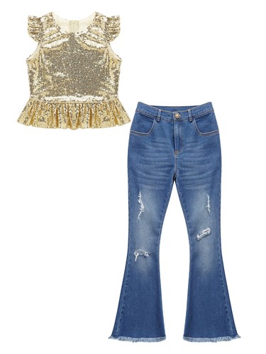 Girls 2Piece Sparkly Sequins Crop Top with Ripped Flared Jeans Pants Outfit - Picture 13 of 57