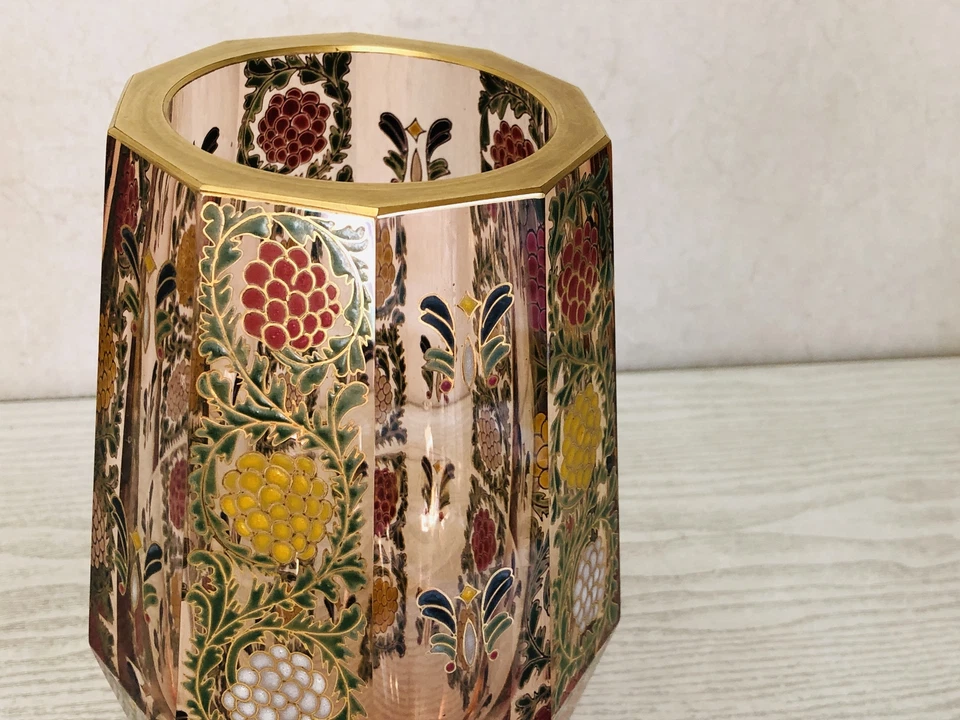 Y3708 FLOWER VASE Kiln Fired Painted Glass signed box Japan ikebana antique - Image 3 of 4