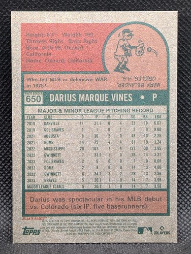 2024 Topps Heritage High Number Darius Vines Rookie Green Border #650 - Picture 2 of 2