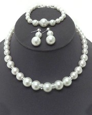 White Pearl Crystal Faux Pearl Wedding Prom Necklace Earring And Bracelet Set