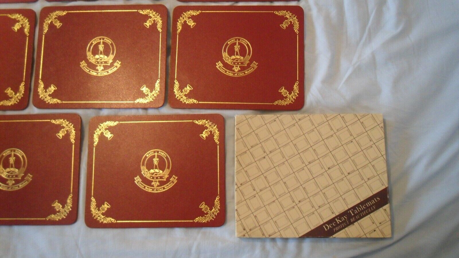 8 x Vintage Crest Badge Clan Mackay Tablemats, Dee Kay Leather & Cork