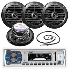 4 White Pyle 6.5" Speakers, PLMRB29W USB AUX Marine AM FM Radio, Marine Antenna