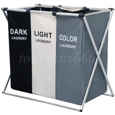 Laundry Hamper Basket Sorter Clothe Storage Foldable Bag Bin Organizer 3 Section