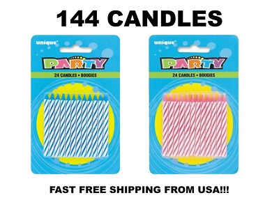 LOT OF 144 Birthday Candles Pastel or Stripe Design BLUE OR PINK PARTY CANDLES