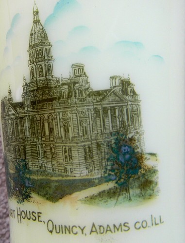 ANTIQUE CUSTARD GLASS VASE ADVERTISING COURT HOUSE, QUINCY ADAMS CO. ILL. - Picture 3 of 4