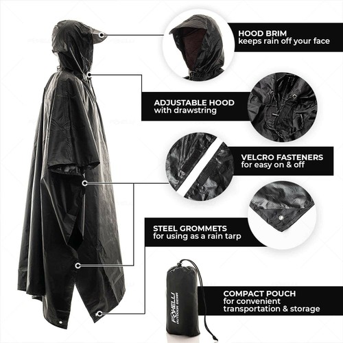 Foxelli Hooded Rain Poncho Reusable & Durable Raincoat for Adults Unisex. H10 - Picture 6 of 9
