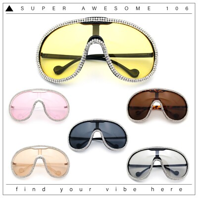 Bling Rhinestone Rim Luxury XL Oversize Shield Racer Plastic Sunglasses