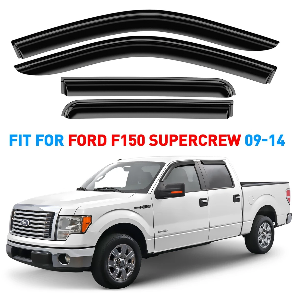 👍 Rain Guards Vent Visors Shade for 09-14 Ford F-150 SuperCrew  SHATTERPROOF