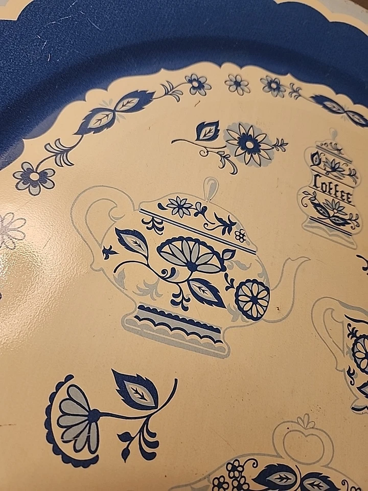 Bandeja para servir MCM vintage redonda de metal de 19" azul café té floral Foto 4 de 4
