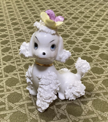 Vintage MCM Poodle Dog Figurine White with Purple & Yellow Pansy