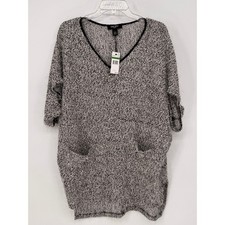 Nine West Jeans Sydney Tunic Women L Black White  Textured Eyelash V-Neck Pocket