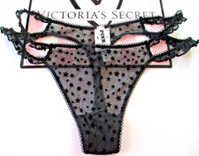 VICTORIA'S SECRET PINK Wink Strappy Mesh Thong Panty VS Velvet Stars S M Black