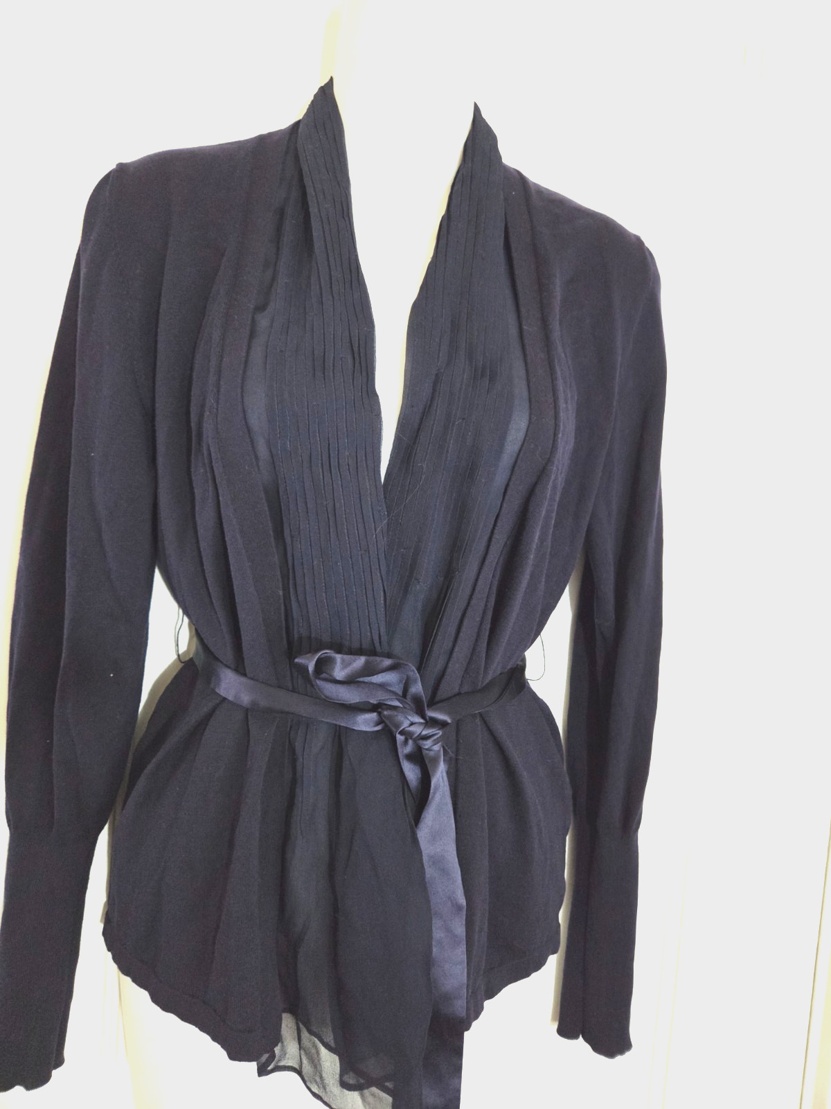 BRUNELLO CUCINELLI Navy Blue Cardigan Sweater Silk Trim, Self Tie Belt, Size XS