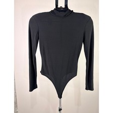 Fashion Nova Black Mock Neck Long Sleeve Ruched Back Bodysuit Snap Closure
