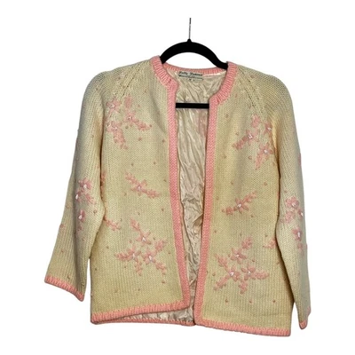 Fully Fashioned Vintage Wool Cardigan Pink Floral Embroidered Lined Sweater M - Image 1 of 4