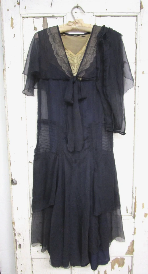 1920s Sheer Navy Silk Chiffon Dress w Slip & Gauntlets Downton Abbey Style XS-S - Image 2 of 4