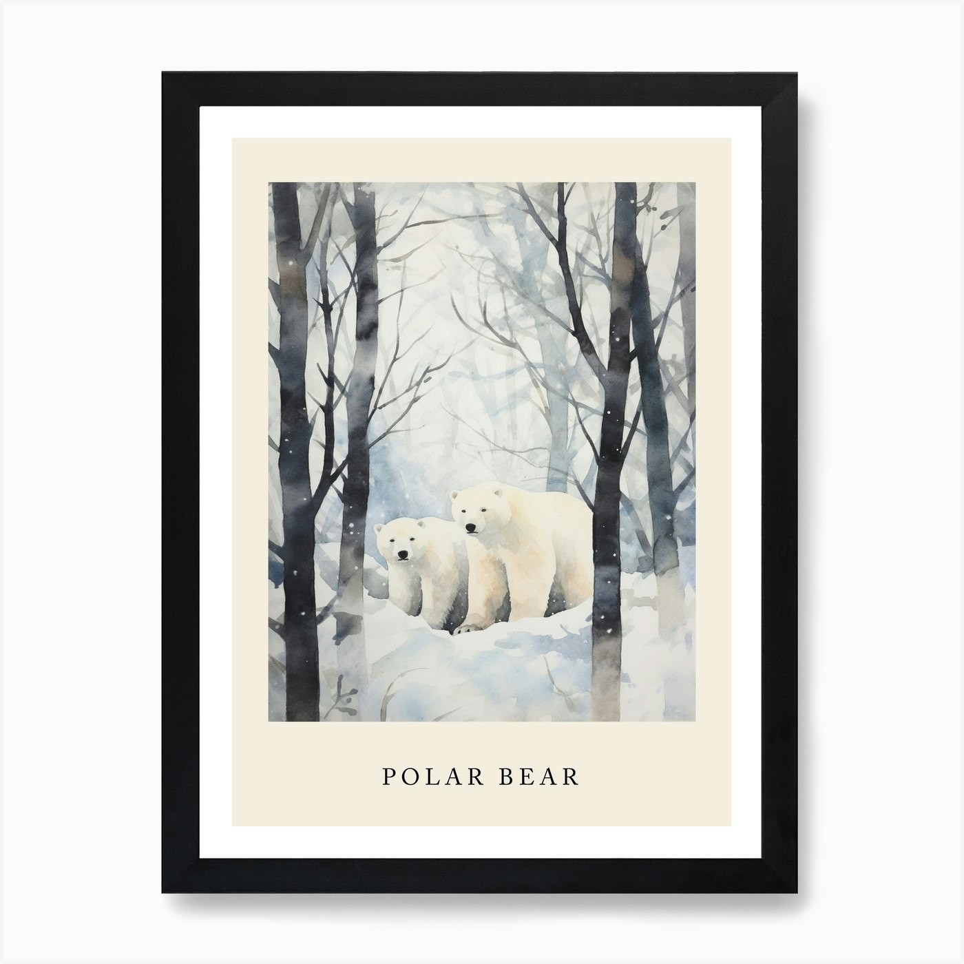 Winter Polar Bear Watercolor Framed Wall Art Canvas Print