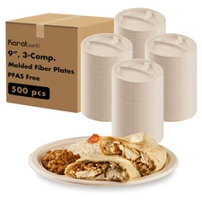 Karat Earth 3-Comp. 9'' Paper Round Plates, PFAS Free, Molded Fiber - 500 pcs