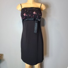Vtg Y2K Black Dress Pink Embroidered Midi Coquette Whimsigoth Fairy Small Fairy