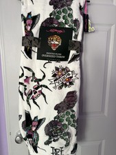 Ed Hardy Plush Throw 60x70 White Purple Tattoo Print Skull Flowers Birds Hearts