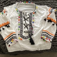 Dodo Bar Or White Woven Cotton Embroidered Pom Pom Long Sleeve Blouse Women's S