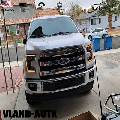 VLAND For Ford F150 2015-2017 Amber DRL LED Headlights W/Startup Animation Pair