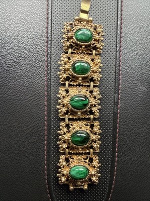 Superb Vintage Peking Glass Cabochon Brutalist Panel Bracelet Chunky Statement